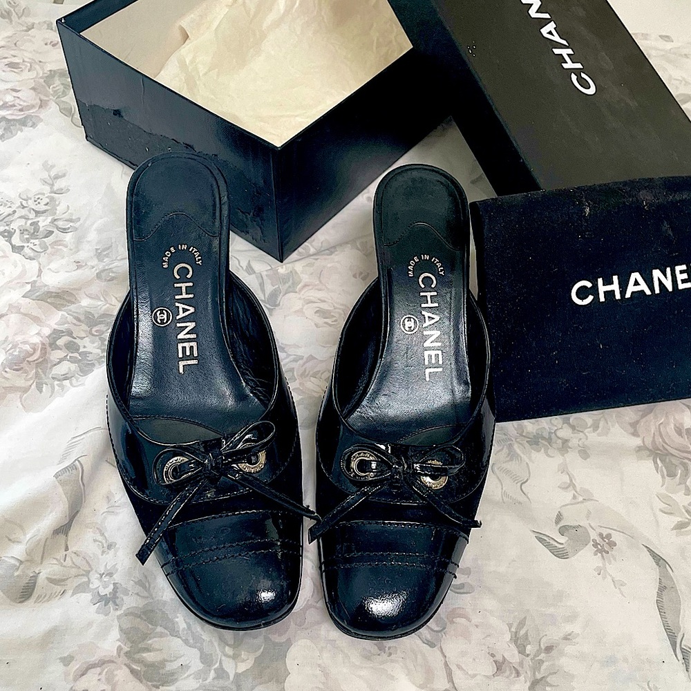 Authentic Chanel black patent and suede mules